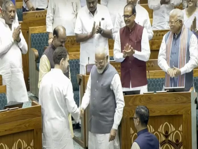 PM Modi and Rahul Gandhi were seen shaking hands as they welcomed the new Lok Sabha Speaker Om Birla